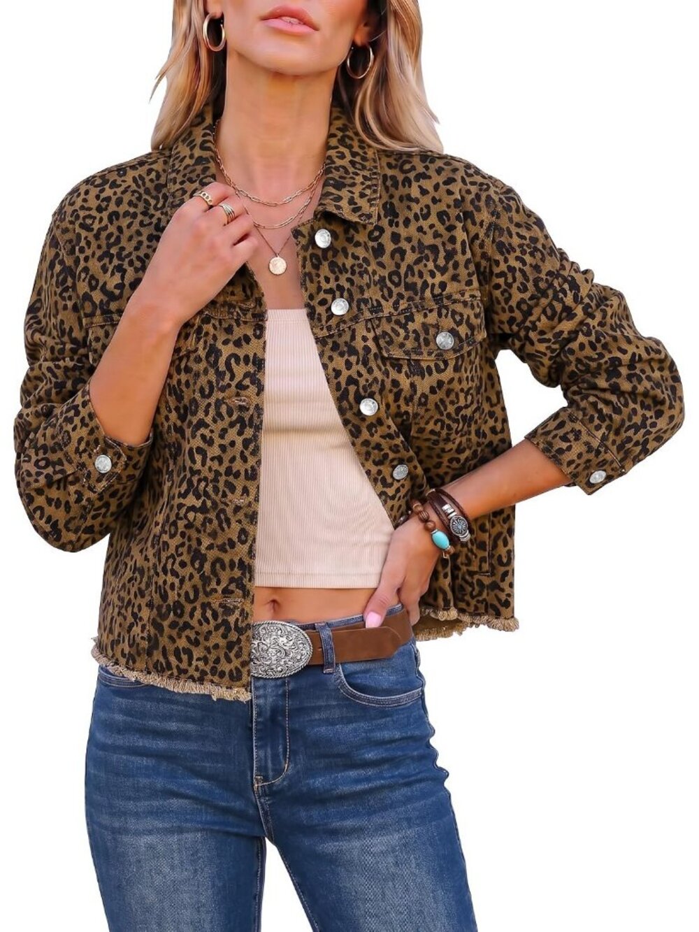 Women's Brown Cheetah Print Frayed Raw Hem Western Imported Denim Jean Jacket
